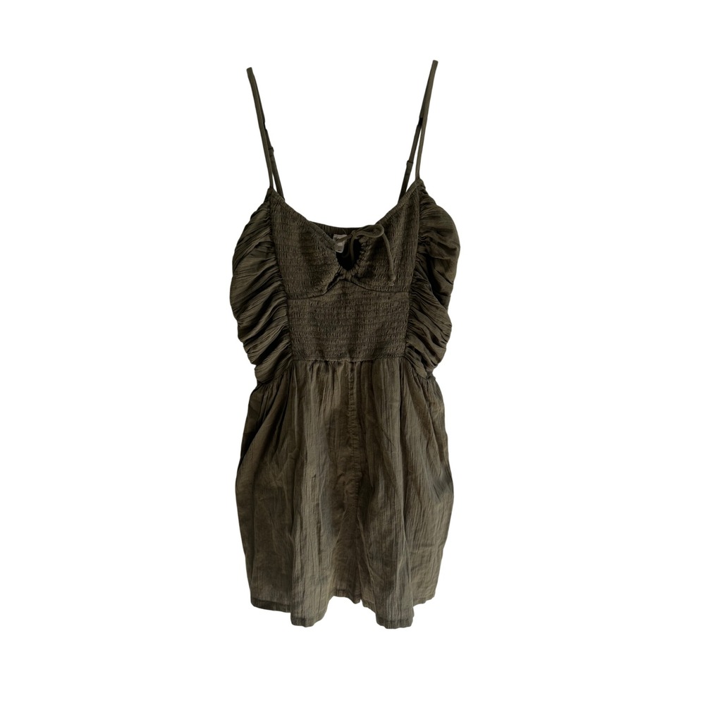 Aerie Smocked Tie Front Dress Olive Green Mini Camisole Strap Ruffle